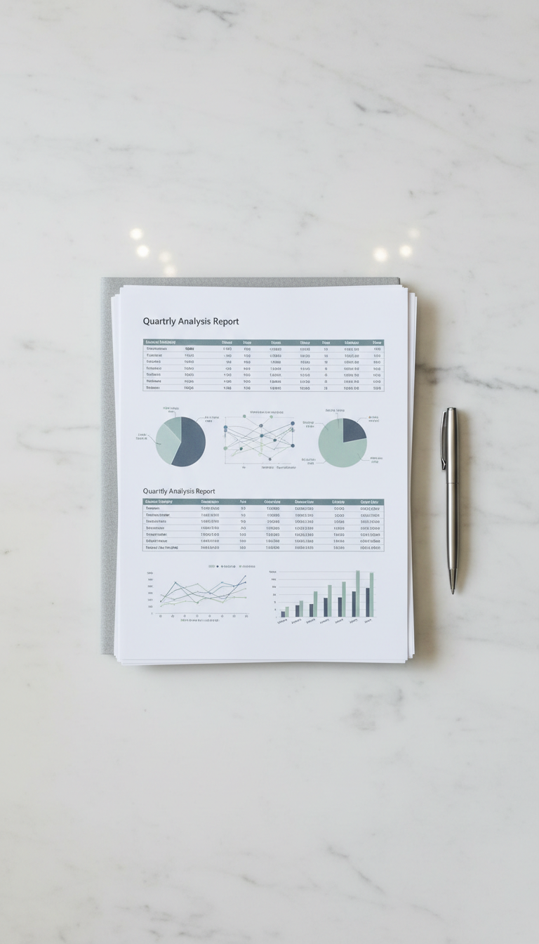 A pristine white, ultra-thin paper report with intricate infographics and tidy columns of numbers, neatly stacked atop a powder-gray folder, flanked by a steely metal pen. The report and pen are aligned with precision on a cool marble desktop with subtle veining. Muted overhead LED lighting creates soft, even illumination without glare, producing faint but crisp shadows for depth. Photographed head-on with a slight tilt for natural perspective, emphasizing a clean, neutral, and structured composition. The aesthetic is reserved and executive, invoking reliability and methodical attention to detail—perfect for a data analyst’s presentation or portfolio highlight.