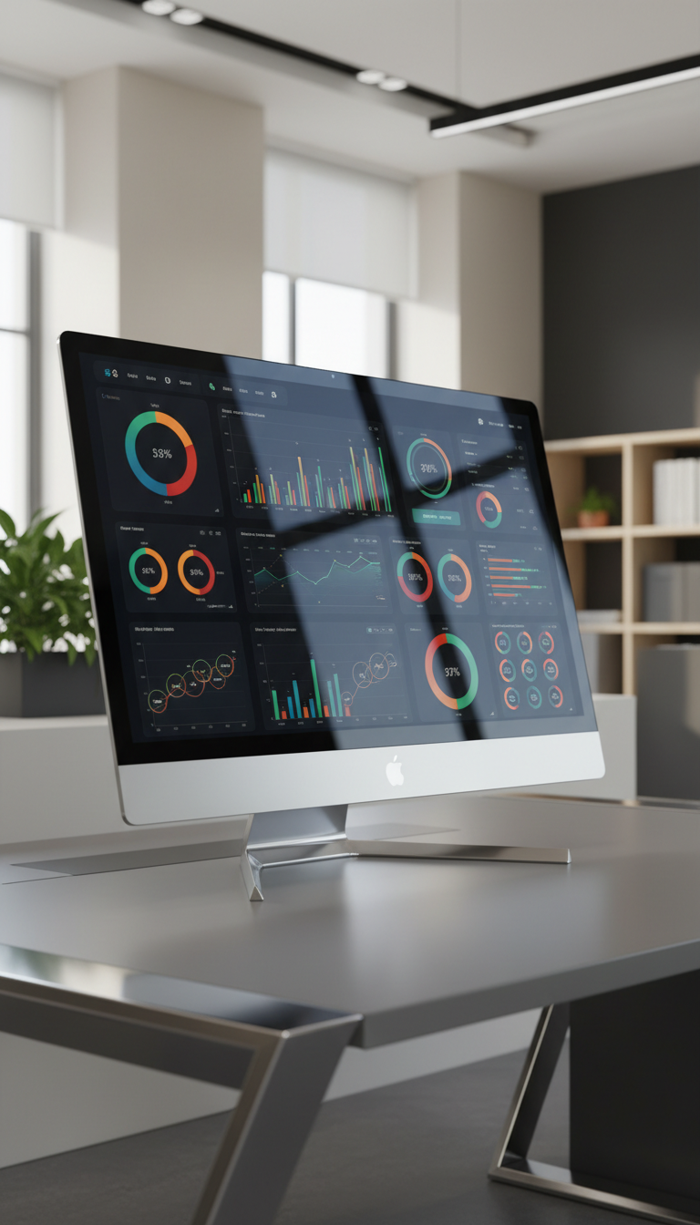 A high-resolution, glassy computer monitor displaying a crisp, multi-colored data dashboard filled with interactive charts and graphs; the screen rests on a sleek matte-gray desk with geometric metallic accents. The background is blurred—hinting at a minimalist, open-plan office with subtle neutral palettes and clean architectural lines. Sharp, soft studio lighting highlights the reflective surfaces while maintaining a balanced, gentle ambiance, ensuring there are minimal shadows. Captured from a slightly elevated, three-quarters angle for a balanced, approachable perspective with sharp focus throughout. The mood is focused and professional, embodying precision and clarity. The photographic realism, structured layout, and corporate aesthetic reinforce the site’s polished expertise.