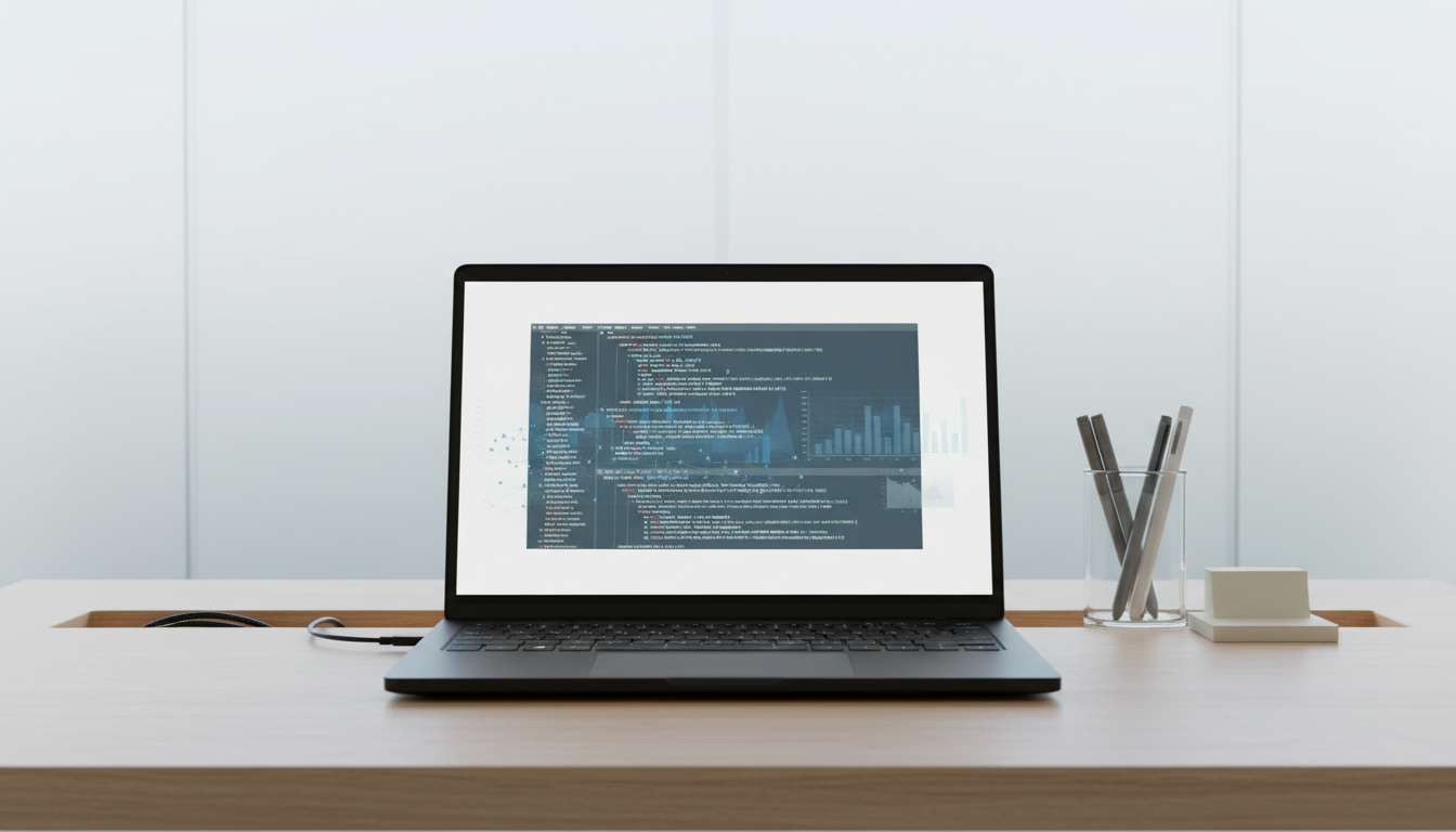 A precision-engineered black metal laptop, lid open to reveal a crisp, white screen with neat rows of structured code, perfectly aligned with clean, minimalist data visualizations faintly visible. The device sits atop a pale ash-wood desk with seamlessly integrated cable management, beside an elegant clear glass container filled with muted office supplies. Soft daylight streams through a frosted glass panel in the background, lending subtle illumination and gentle highlights. Photographed at desk height, straight-on, with balanced composition and sharp focus throughout. The mood is purposeful and organized, with a corporate, modern, and clean photographic style that emphasizes analytical sophistication.