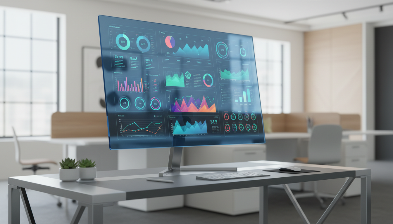 A high-resolution, glassy computer monitor displaying a crisp, multi-colored data dashboard filled with interactive charts and graphs; the screen rests on a sleek matte-gray desk with geometric metallic accents. The background is blurred—hinting at a minimalist, open-plan office with subtle neutral palettes and clean architectural lines. Sharp, soft studio lighting highlights the reflective surfaces while maintaining a balanced, gentle ambiance, ensuring there are minimal shadows. Captured from a slightly elevated, three-quarters angle for a balanced, approachable perspective with sharp focus throughout. The mood is focused and professional, embodying precision and clarity. The photographic realism, structured layout, and corporate aesthetic reinforce the site’s polished expertise.