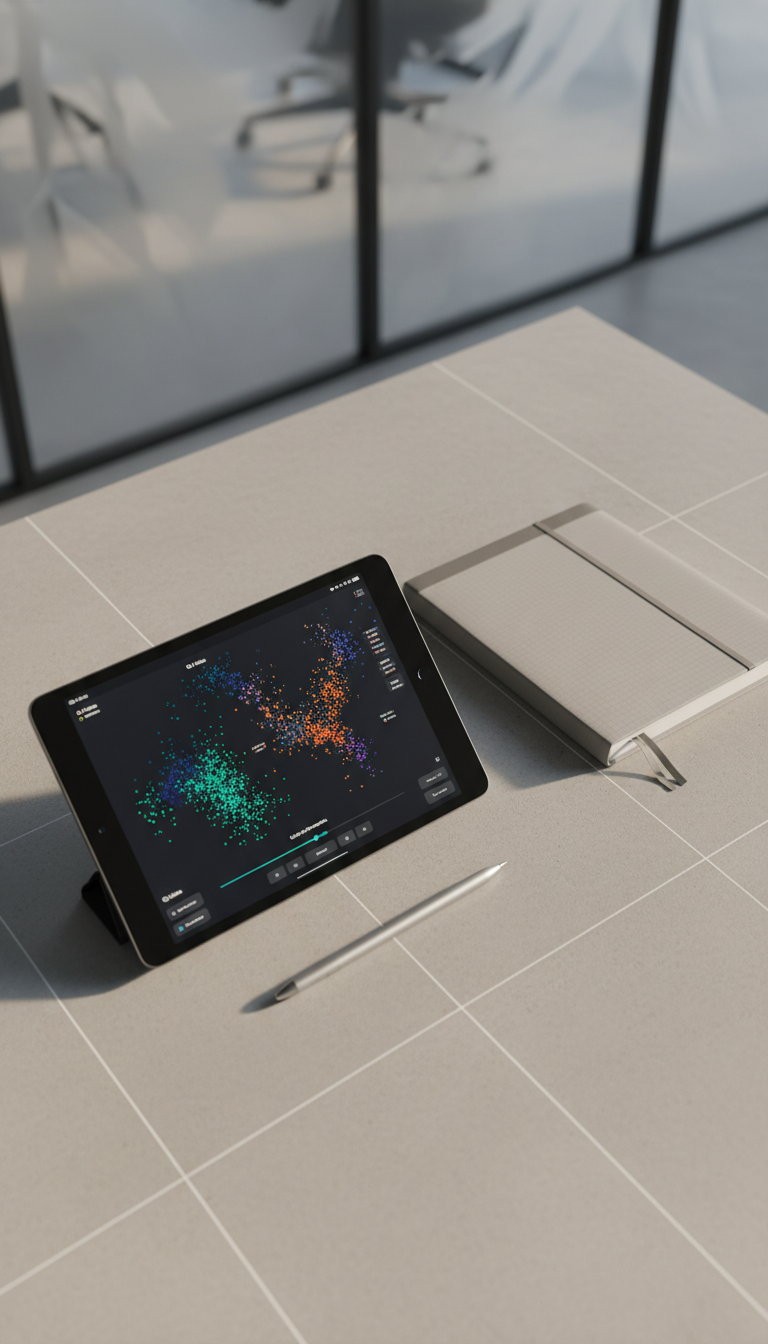 An elegant matte-black tablet device displaying an interactive scatterplot with color-coded data points, resting beside a perfectly aligned notebook and a silver stylus. The ensemble sits neatly on a dove-gray, textured workspace with minimalist lines, against a blurred background featuring a faint hint of frosted office glass partitioning. Soft, directional daylight enters from the side, casting delicate, gentle shadows that outline the tablet’s edges and give depth to the workspace. Captured at a slight overhead angle with rule-of-thirds alignment for a balanced, contemporary composition. The atmosphere is quietly confident and analytical, utilizing photographic realism with a polished, professional look.