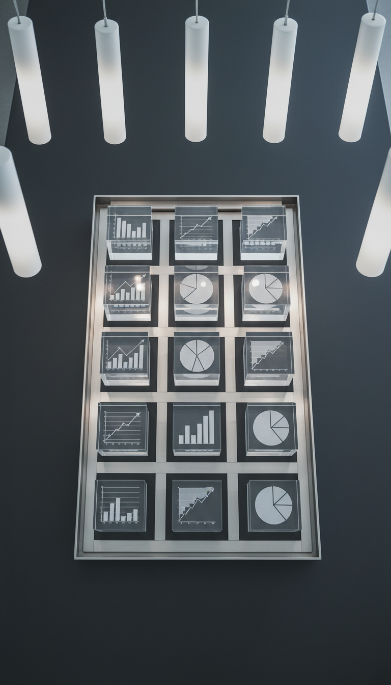 A sophisticated array of semi-transparent acrylic blocks, each engraved with precisely etched bar graphs and pie charts, arranged in a structured grid pattern on a smooth, high-contrast charcoal surface. The arrangement is surrounded by thin brushed metal dividers set into the table, suggesting a tangible interface for manipulating data. Soft white pendant lighting above casts gentle, controlled shadows, lending depth while keeping the scene bright and balanced. Photographed from a bird’s eye view to emphasize order and methodical thinking, with razor-sharp focus and a minimalist, corporate visual style. The mood is innovative and analytical—capturing the tactical, hands-on nature of data analysis.