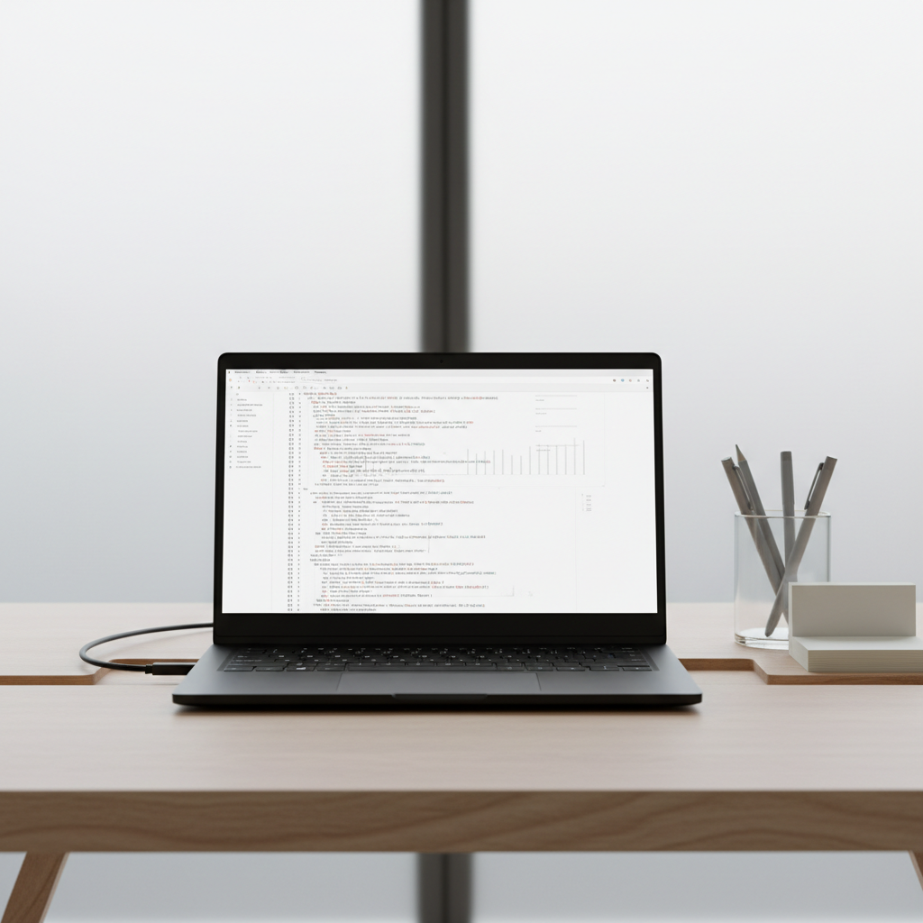 A precision-engineered black metal laptop, lid open to reveal a crisp, white screen with neat rows of structured code, perfectly aligned with clean, minimalist data visualizations faintly visible. The device sits atop a pale ash-wood desk with seamlessly integrated cable management, beside an elegant clear glass container filled with muted office supplies. Soft daylight streams through a frosted glass panel in the background, lending subtle illumination and gentle highlights. Photographed at desk height, straight-on, with balanced composition and sharp focus throughout. The mood is purposeful and organized, with a corporate, modern, and clean photographic style that emphasizes analytical sophistication.